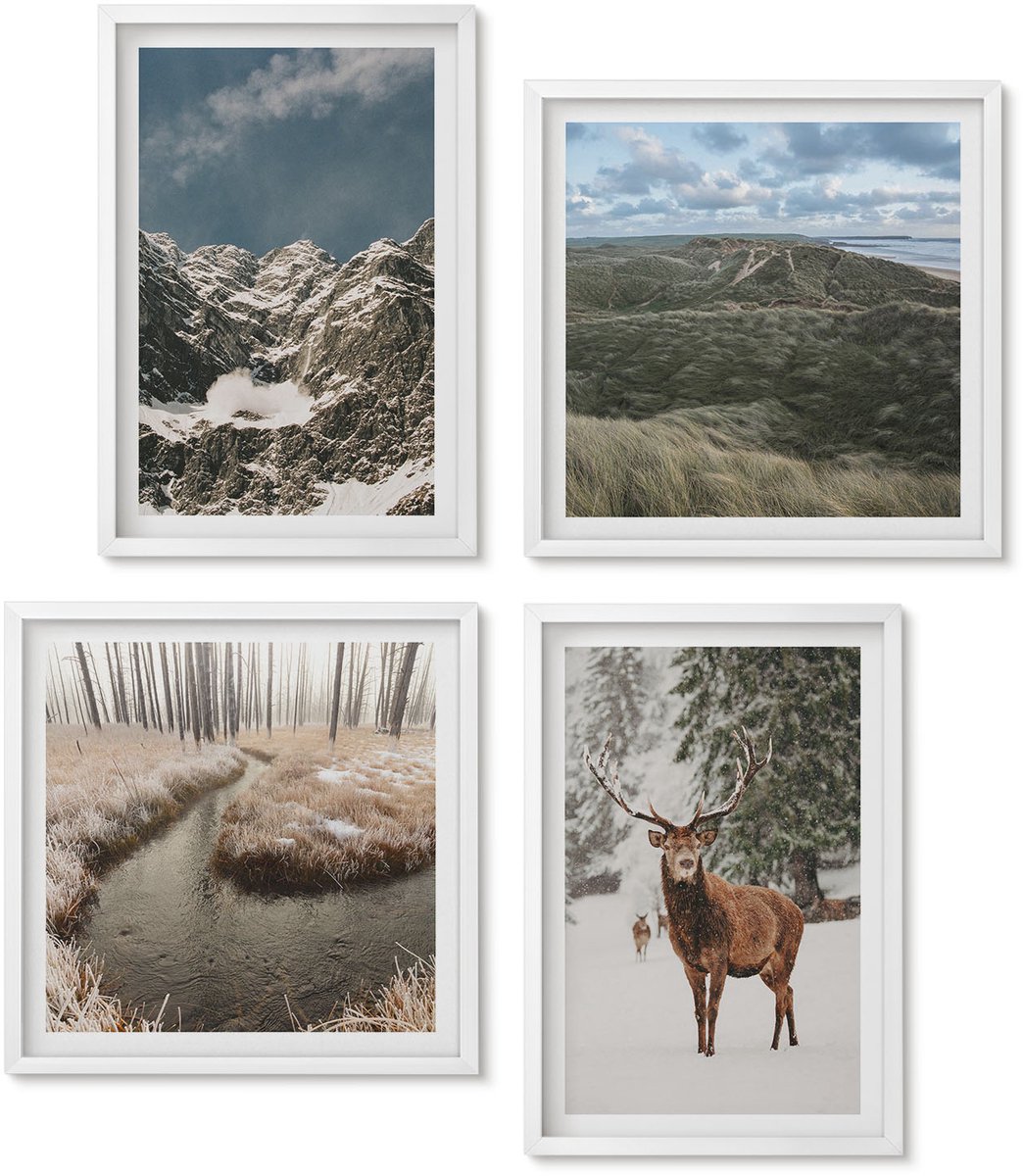 Wallfluent 4-Delige Schilderij Set - Bergen Met Sneeuwherten In Boslandschappen - 40 x 40 En 40 x 60 - Wanddecoratie - Moderne Interieurdecoratie - Moderne Wanddecoratie