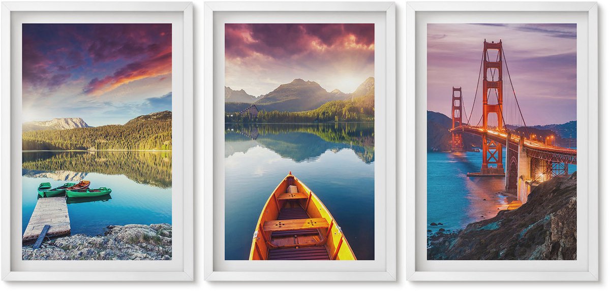 Wallfluent 3-Delige Schilderij Set - Uitzicht Op De Bergen Met Meren, Boten En Een Brug. - 40 x 60 - Decoratieve Schilderijen - Woonkamer - Interieur - Wanddecoratie