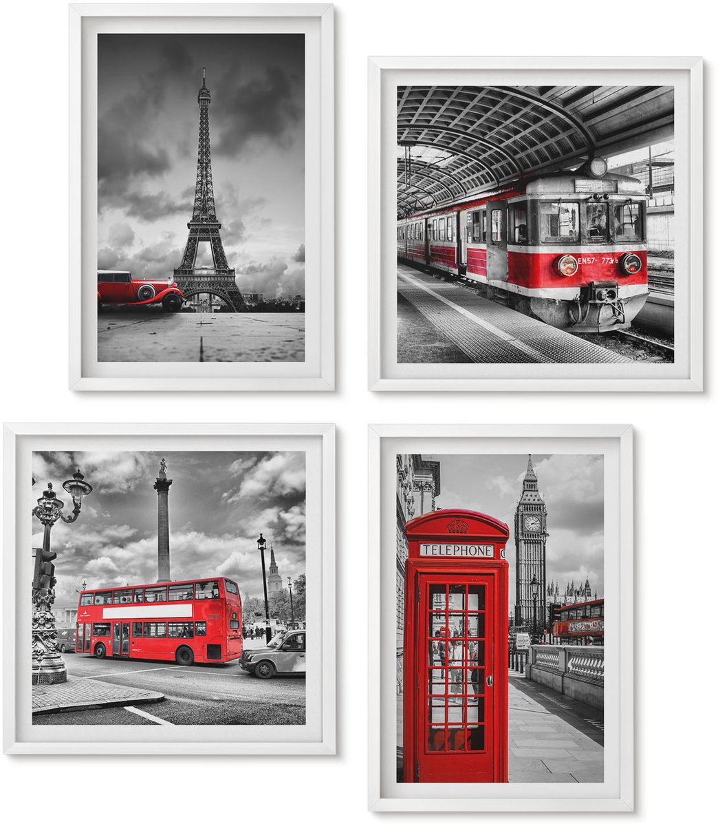 Wallfluent 4-Delige Schilderij Set - Iconische Steden: Londen, Parijs En Het Spoorvervoer - 40 x 40 En 40 x 60 - Moderne Wanddecoratie - Slaapkamer - Muurdecoratie