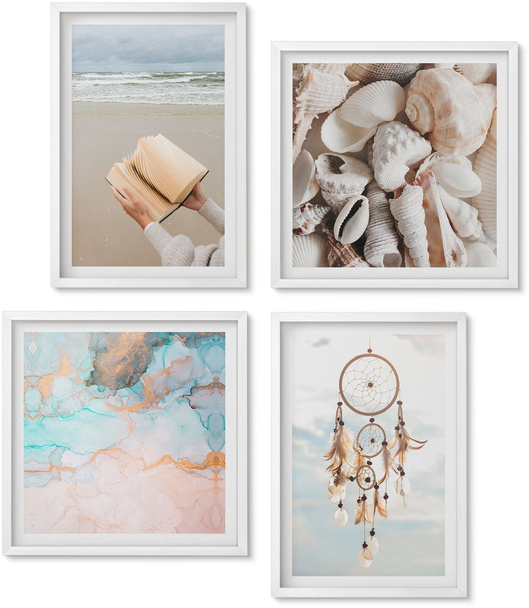 Wallfluent 4-Delige Schilderij Set - Een Leesboek Met Zeeschelpen En Een Boho-Dromenvanger - 40 x 40 En 40 x 60 - Decoratieve Schilderijen - Woonkamer - Interieur - Wanddecoratie