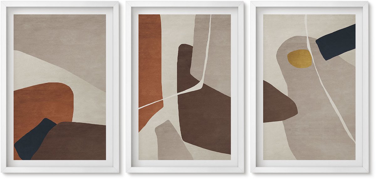 Wallfluent 3-Delige Schilderij Set - Abstracte Boho-Schildervormen In Moderne Stijl - 40 x 60 - Wanddecoratie - Muurdecoratie - Woonkamer - Decoratieve Schilderijen