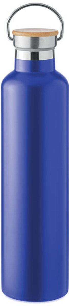 Dubbelwandige vacuüm geïsoleerde RVS drinkfles met bamboe deksel 1L Blauw
