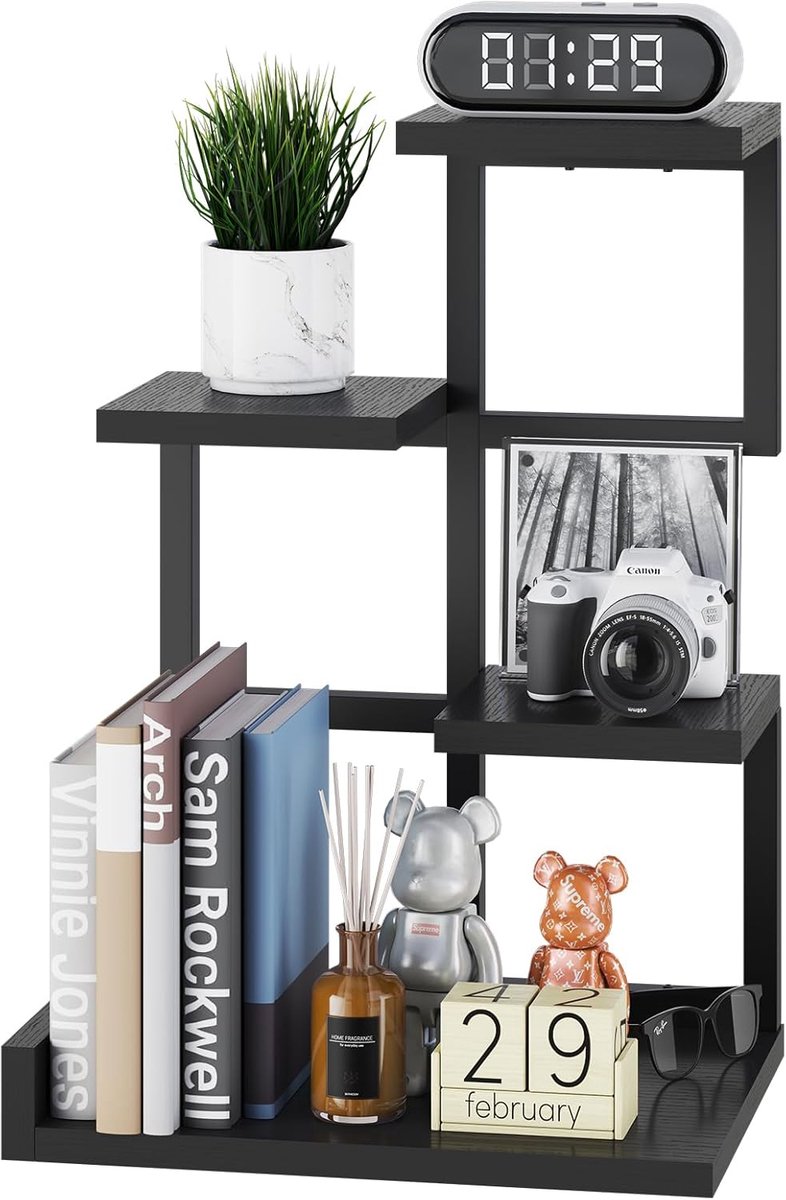 Desktop boekenrek 4-laags 12,2x9,5x17,5 zwart - metalen frame - opbergrek voor kantoor - ideaal voor boeken en planten