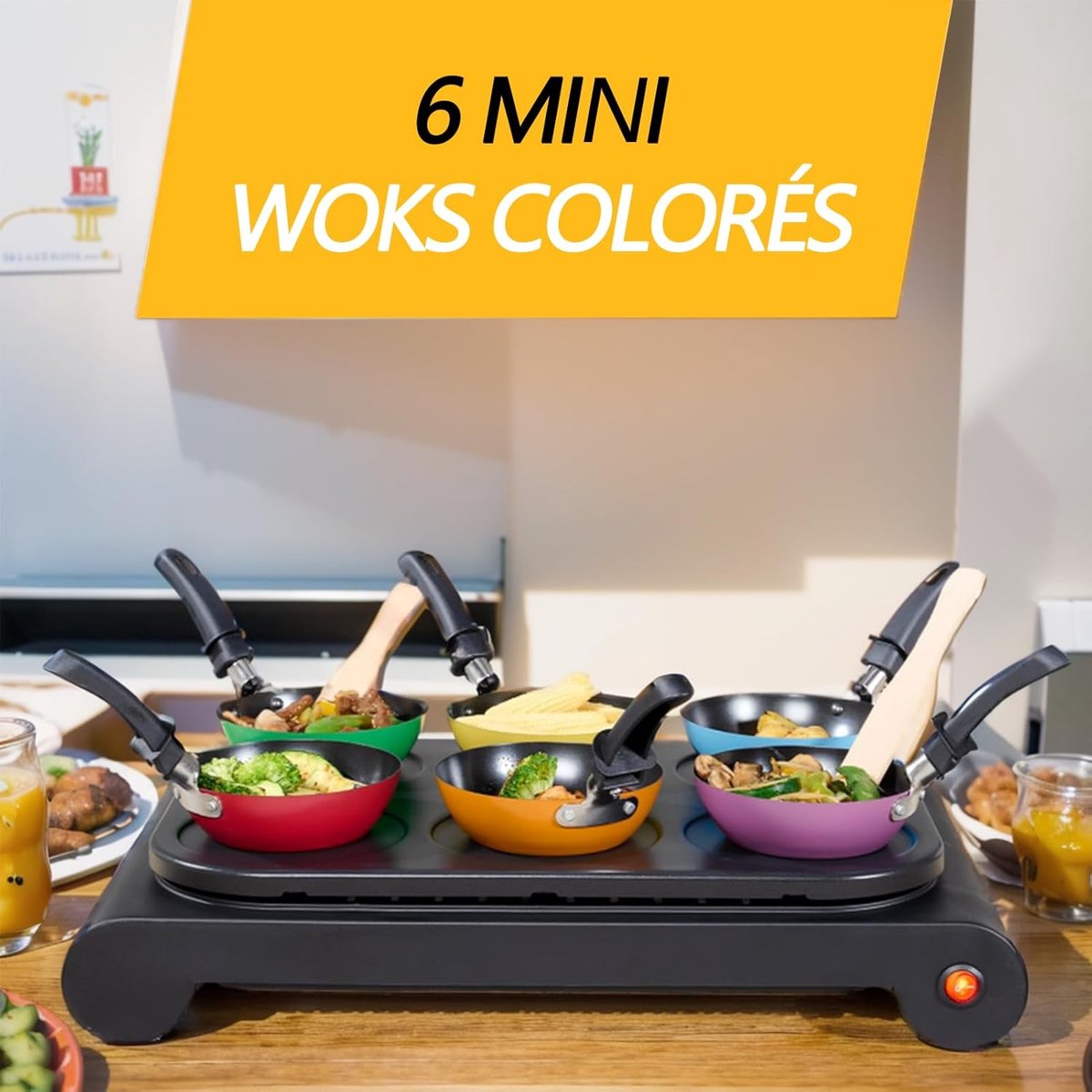 Mini wok set voor 6 personen - Ø 12 cm anti-aanbakpannen - kleurrijke pan set - ideaal voor raclette en tafelgrill — cadeau in Cadeau-ideeën - foto 2