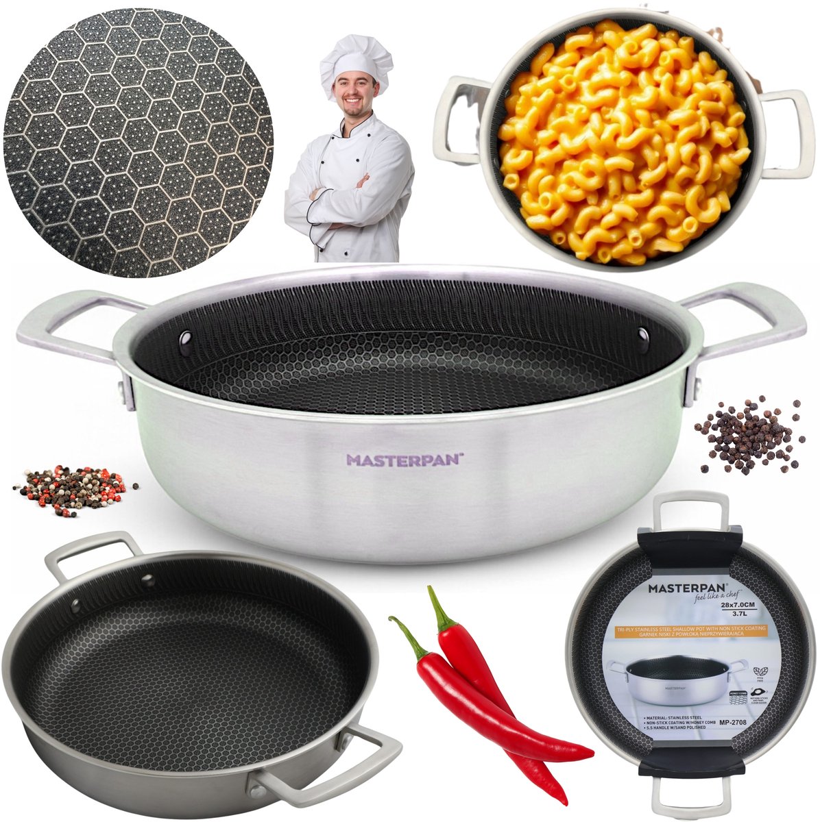 Stevige Lage Pan met Honingraat Coating - 24cm 2.8L - Gas & Inductie