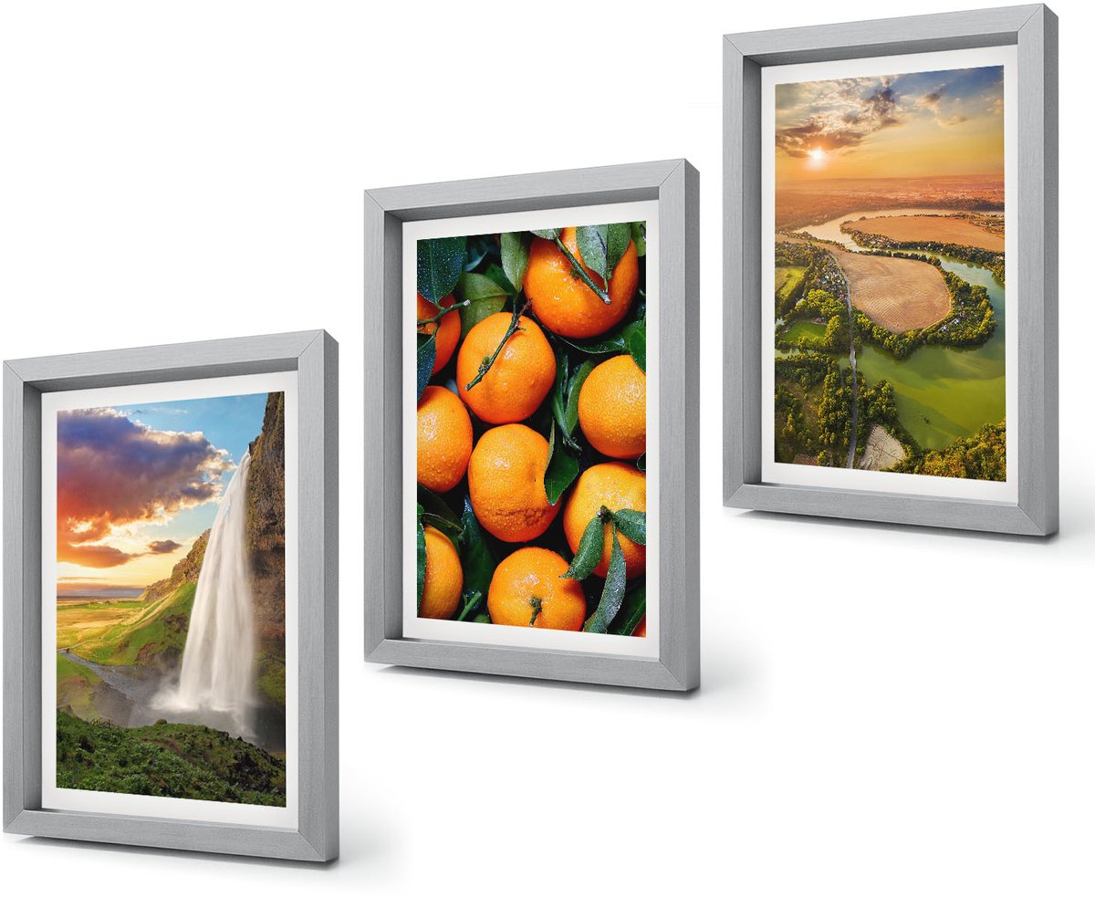 Coloray 4-Delige Schilderij Set - Waterval Bergen Sinaasappels Italiaans Landschap Zonsondergang - 20 x 30 cm - Moderne Wanddecoratie - Woonkamer - Woonkamer Decoratie Zilveren lijst