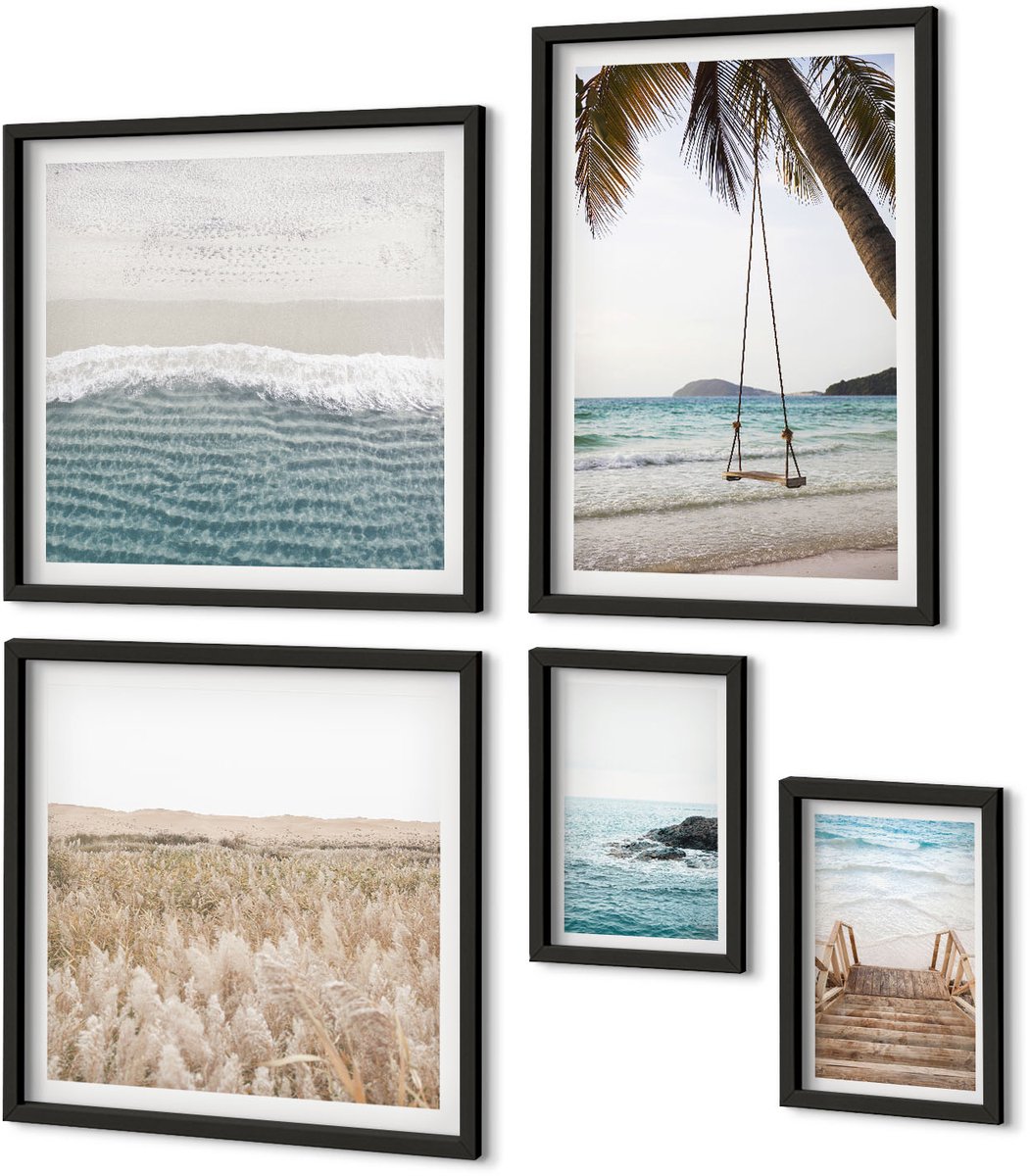 Coloray 5-Delige Schilderij Set - Ontspannend Uitzicht Op Zee Met Strand En Golven - 50 x 50 cm, 20 x 30 cm En 40 x 60 cm - Stijlvolle Muurdecoratie - Kantoor - Moderne Wanddecoratie