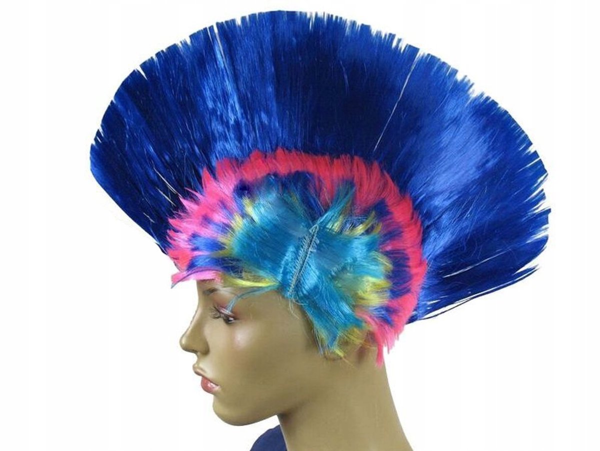 Punk Irokez Pruik - Blauw met Kleurrijke Accenten voor Feest & Evenement