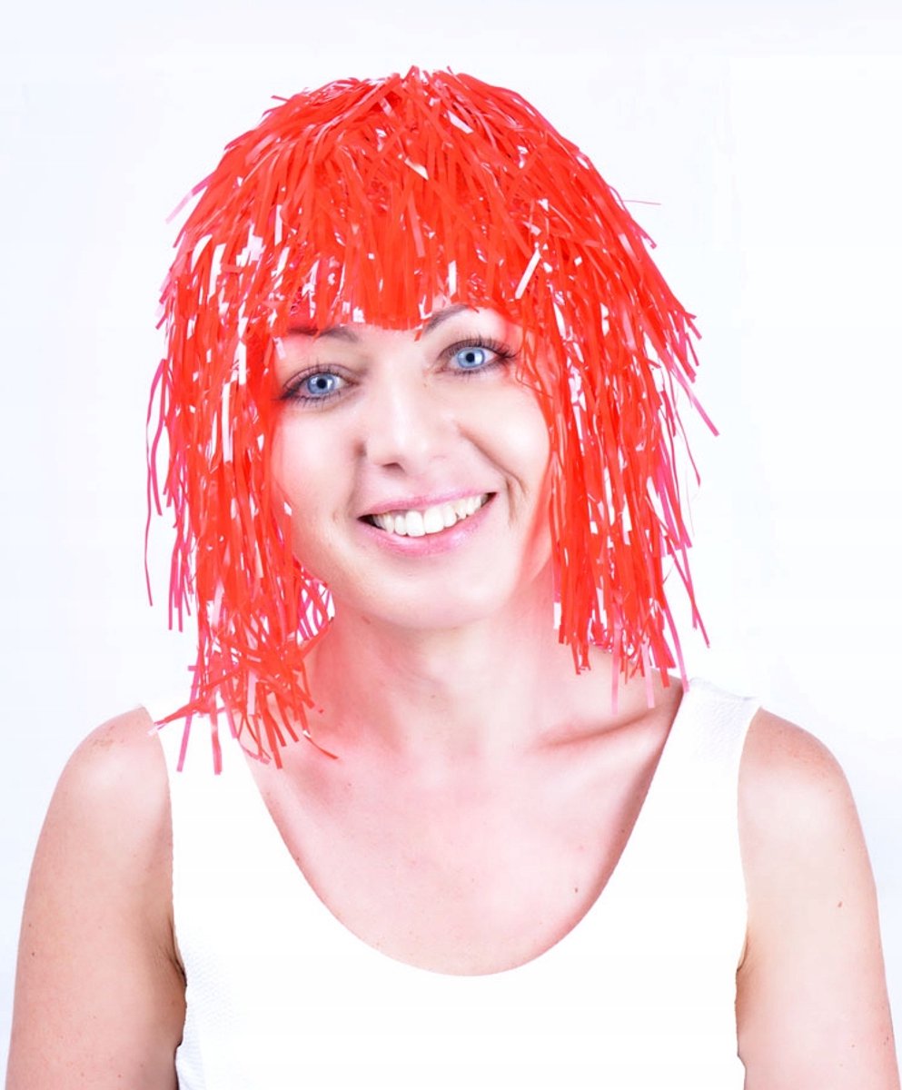 Neon Rode Folie Pruik - Feest & Fotohokje Accessoire
