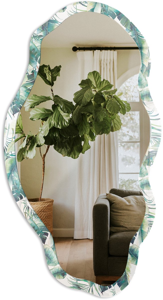TULUP Tropische Bladeren Spiegel - Groen Strakke Rechthoekige Spiegel - Organische Spiegel - Woonkamer - Modern - 45x90 cm - Totale afmeting 52x97 cm Tropische BladerenPatroon, Groen