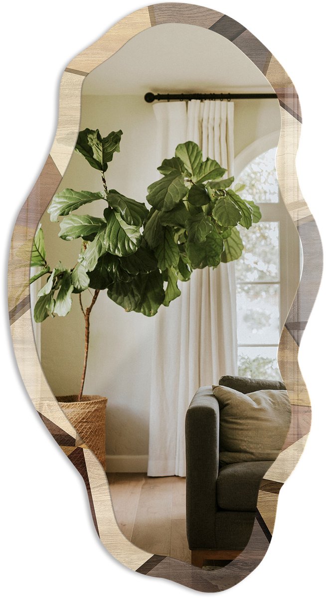 TULUP Houten Geometrie Spiegel - Bruin Elegante Rechthoekige Wandspiegel - Organische Spiegel - Woonkamer, Hal, Kantoor - Geometrisch - 45x90 cm - Totale afmeting 52x97 cm Houten Geometrie, Bruin