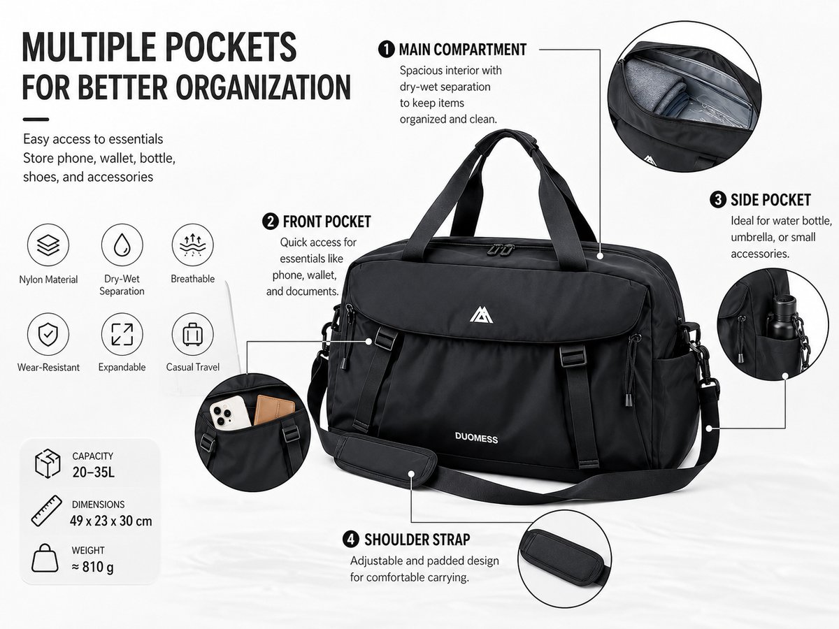 Sporttas & Reistas voor Dames en Heren Klein | Trainingstas (met Schoenenvak en Natvak | ideaal als Handbagage Reistas, Gym Bag), Fitness Tas, Trainingstas, Sporttas