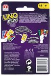 Achterkant van de UNO Flip speldoos met meertalige tekst, afbeeldingen van kaarten en leeftijdsindicatie 7+.