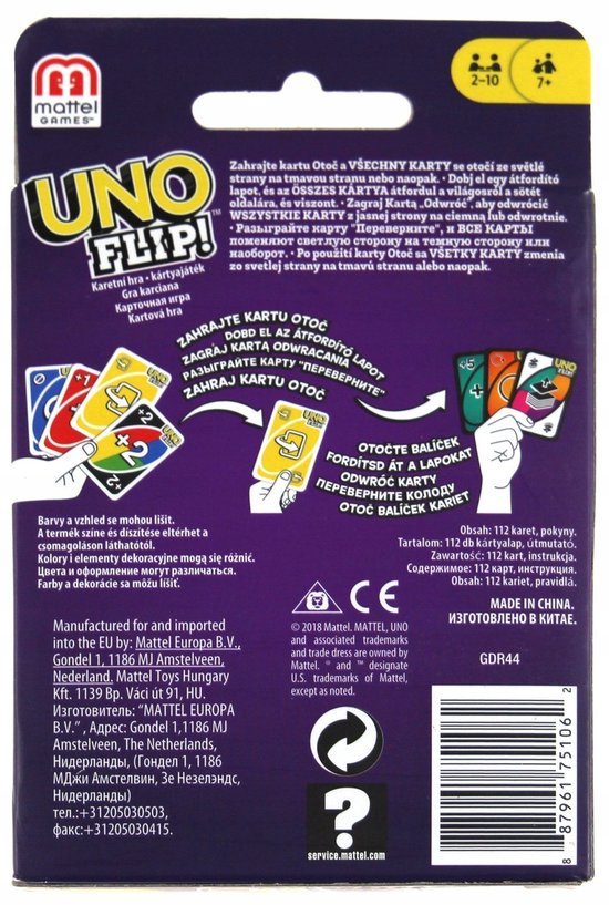 Achterkant van de UNO Flip speldoos met meertalige tekst, afbeeldingen van kaarten en leeftijdsindicatie 7+.