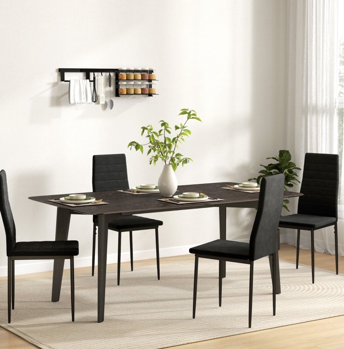 REDOM - Eetkamerstoel - Armloos ontwerp - Hoge rugleuning - Stoffen zitting - Moderne designstijl - Eetkamer, keuken of slaapkamer - Metaal - Zwart - 41 x 50 x 97 cm