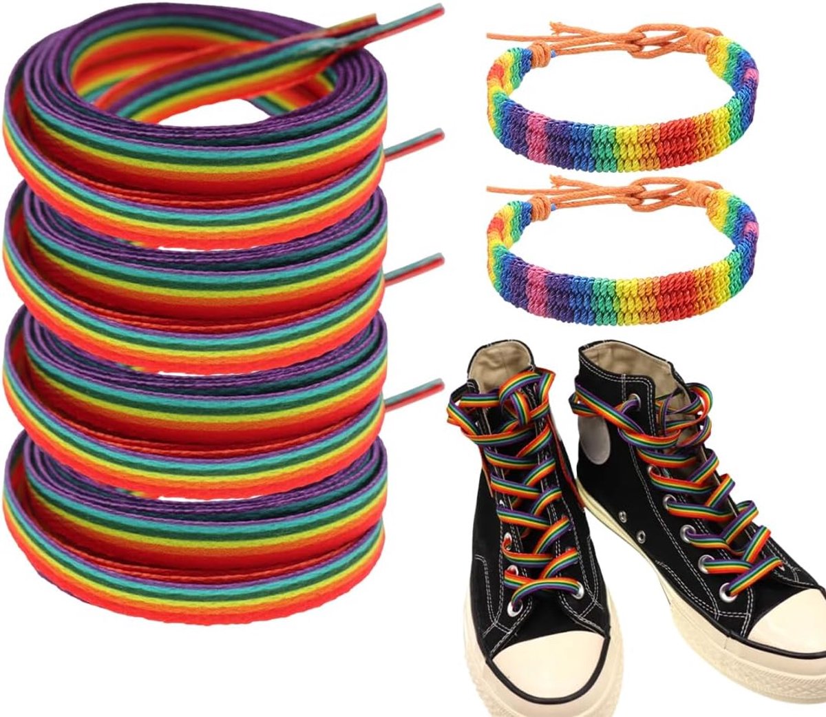 4 paar elastische regenboogveters voor sportschoenen met 2 stuks armband, kleurrijke veters voor Pride LGBT, platte - ShopVlot