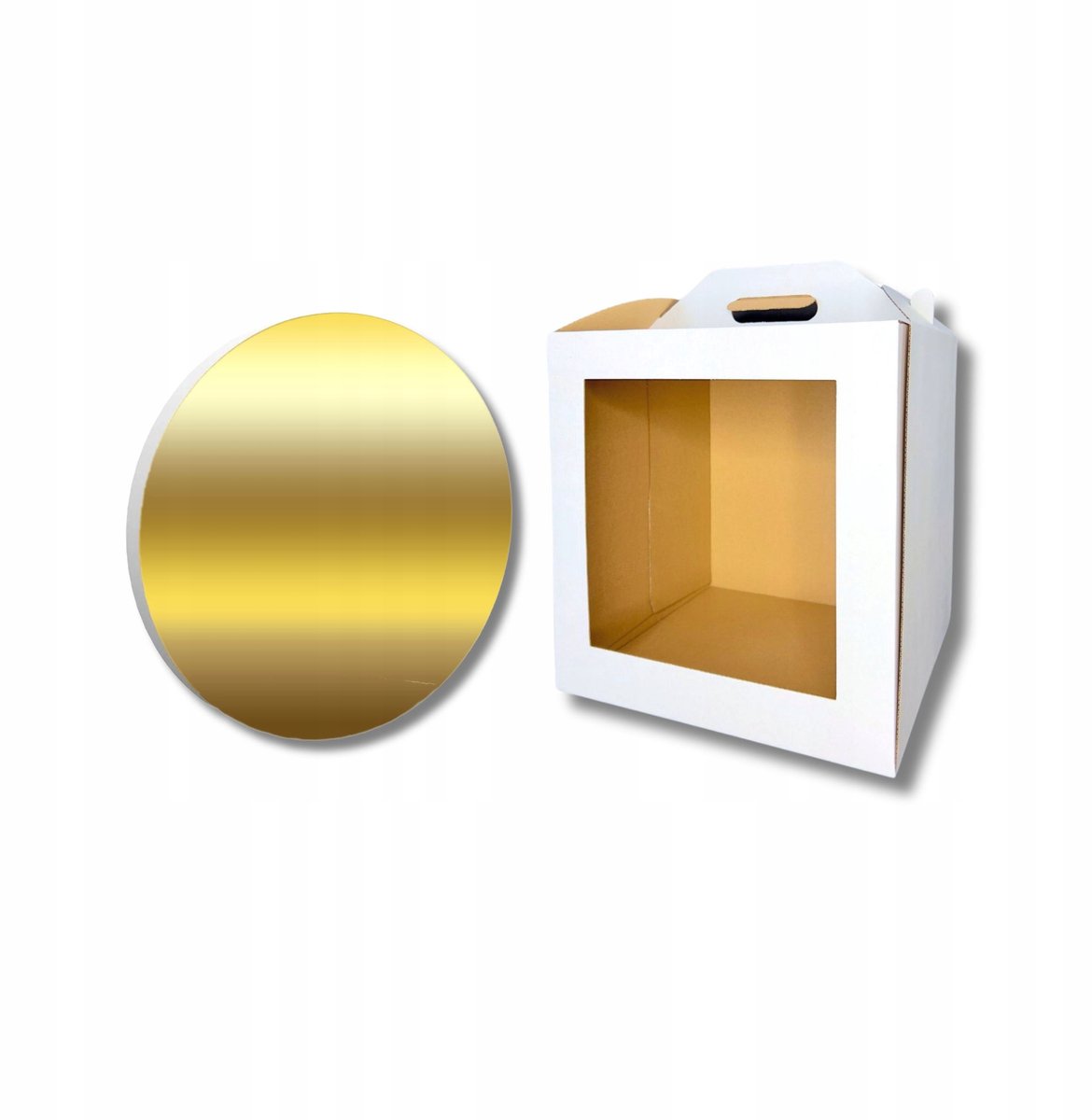 Taartdoos met venster 22x22x32cm + gouden styrodur bodem 22cm