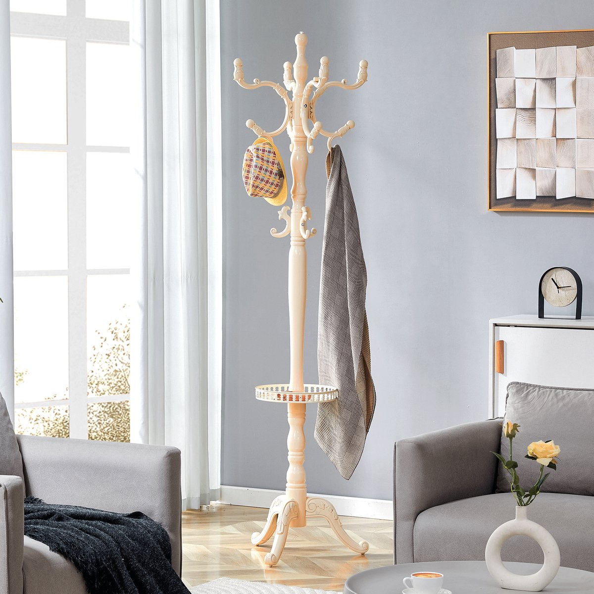 TEKROA® Kapstokken -Staande kapstok - van massief hout met een mierikswortelhoutlook – meerdere opbergmogelijkheden - stabiel - eenvoudig te monteren en voorzien van antislipvoetjes