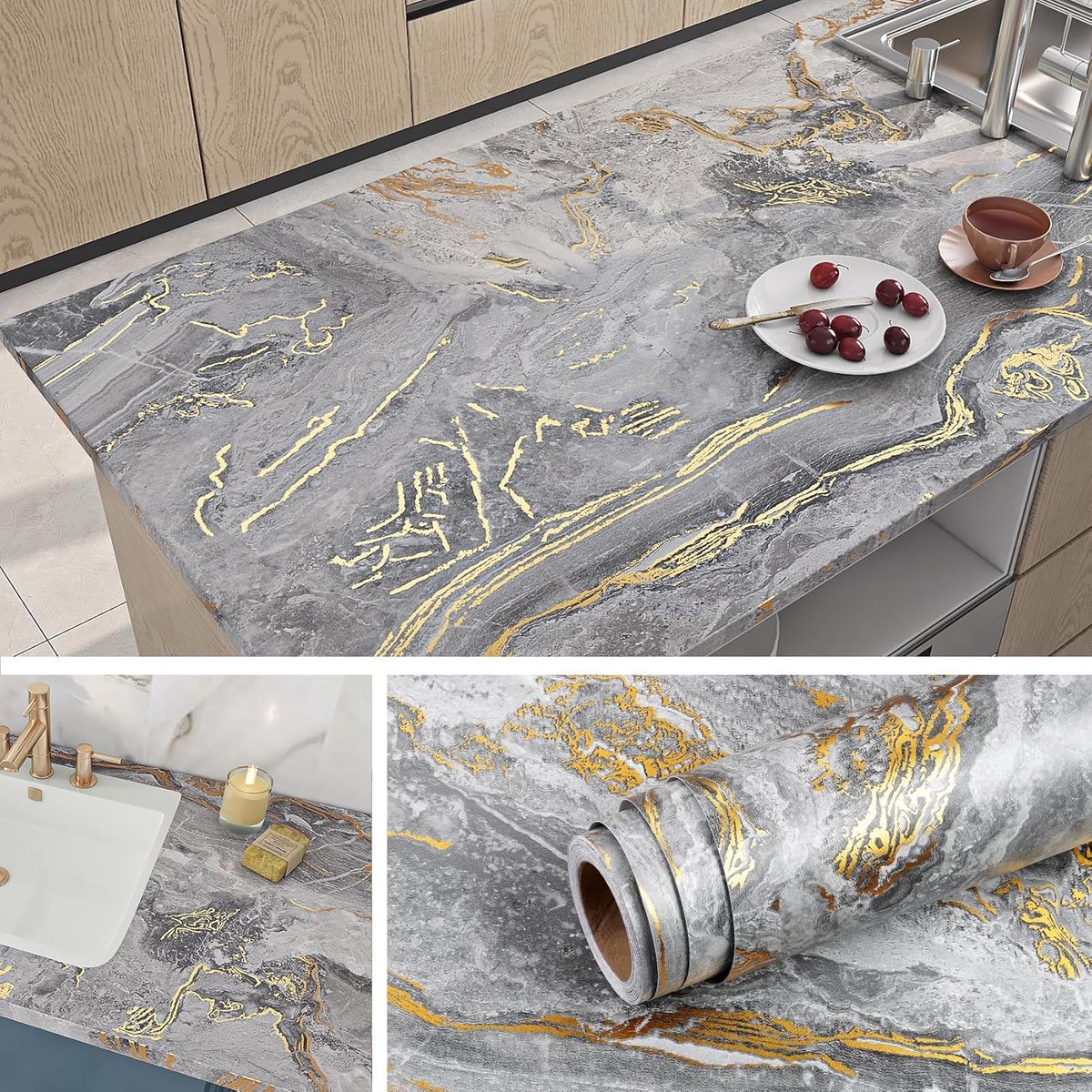 Keukenfolie 40CMx2M - Marmer Grijs met Gouden Aders - Waterdicht en Zelfklevend - Ideaal voor Tafel en Meubels - ShopVlot