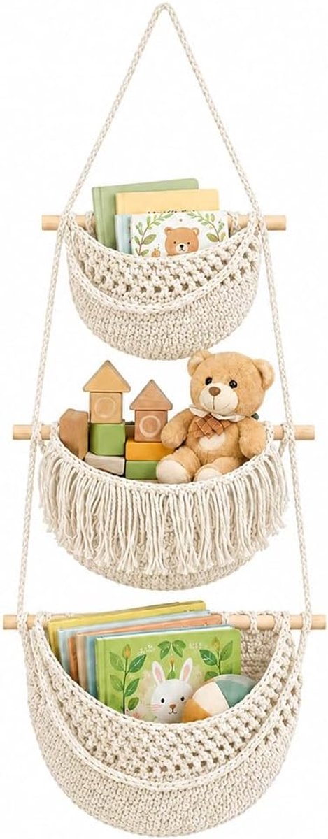 Hangorganizer 3 niveaus - boho beige - deurrek met katoenen touw - handige opslag voor slaapkamer - ShopVlot