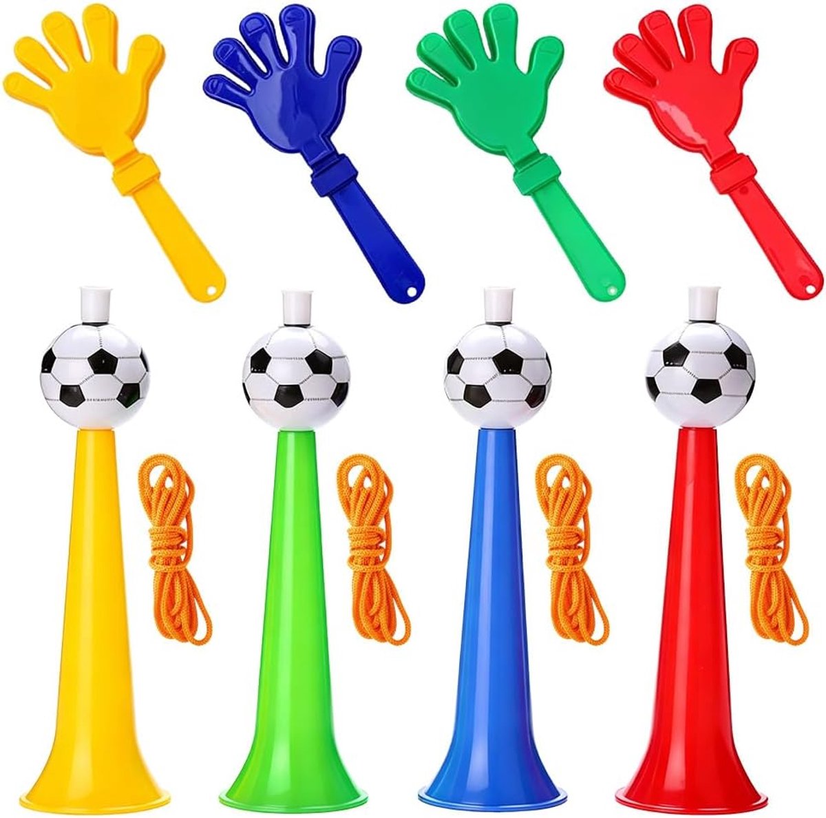 Vuvuzela 8-delige set - kunststof - met klapperhanden - perfect voor sportevenementen - ShopVlot