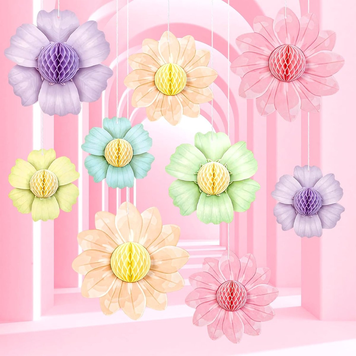 Papieren bloemen voor ophangen 9 stuks - pastelkleuren - meerlagige constructie - elegante decoratie voor feesten - ShopVlot