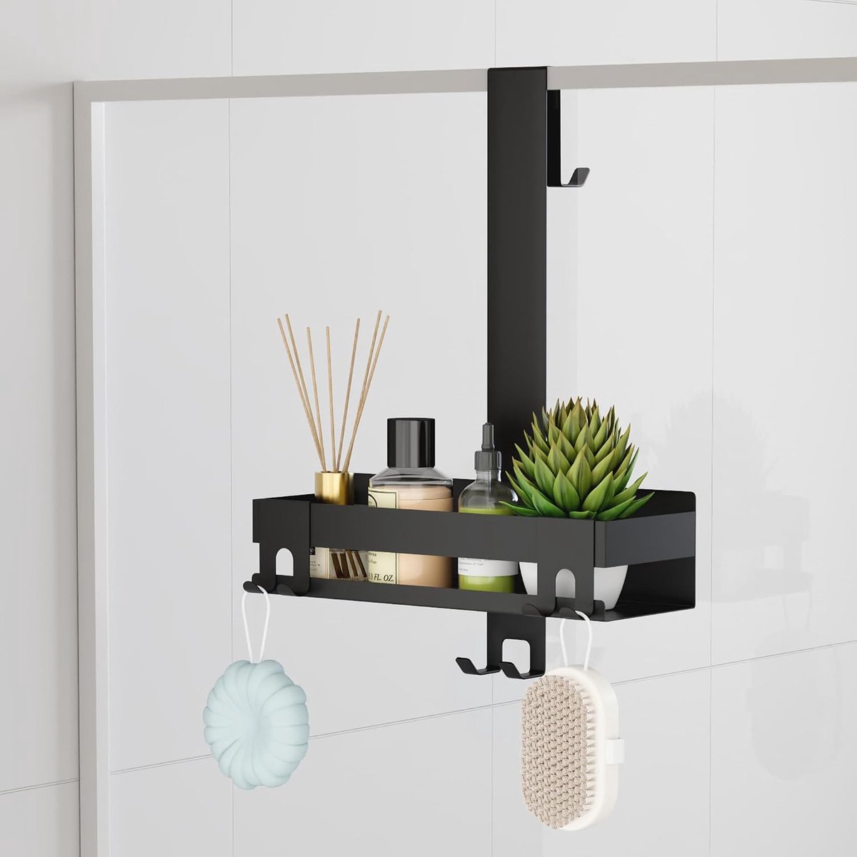 Doucherek hangend zonder boren - zwarte badkamer organizer - stabiel ontwerp - ruimtebesparend - ShopVlot