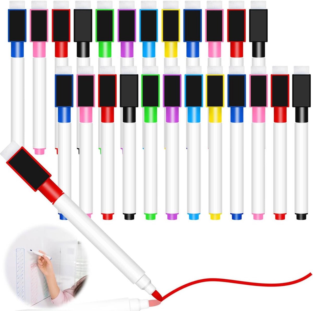 25 stuks whiteboardmarkers, whiteboardstiften, magnetisch, 8 kleuren, foliestift, afwisbaar met spons, fijne punt - ShopVlot