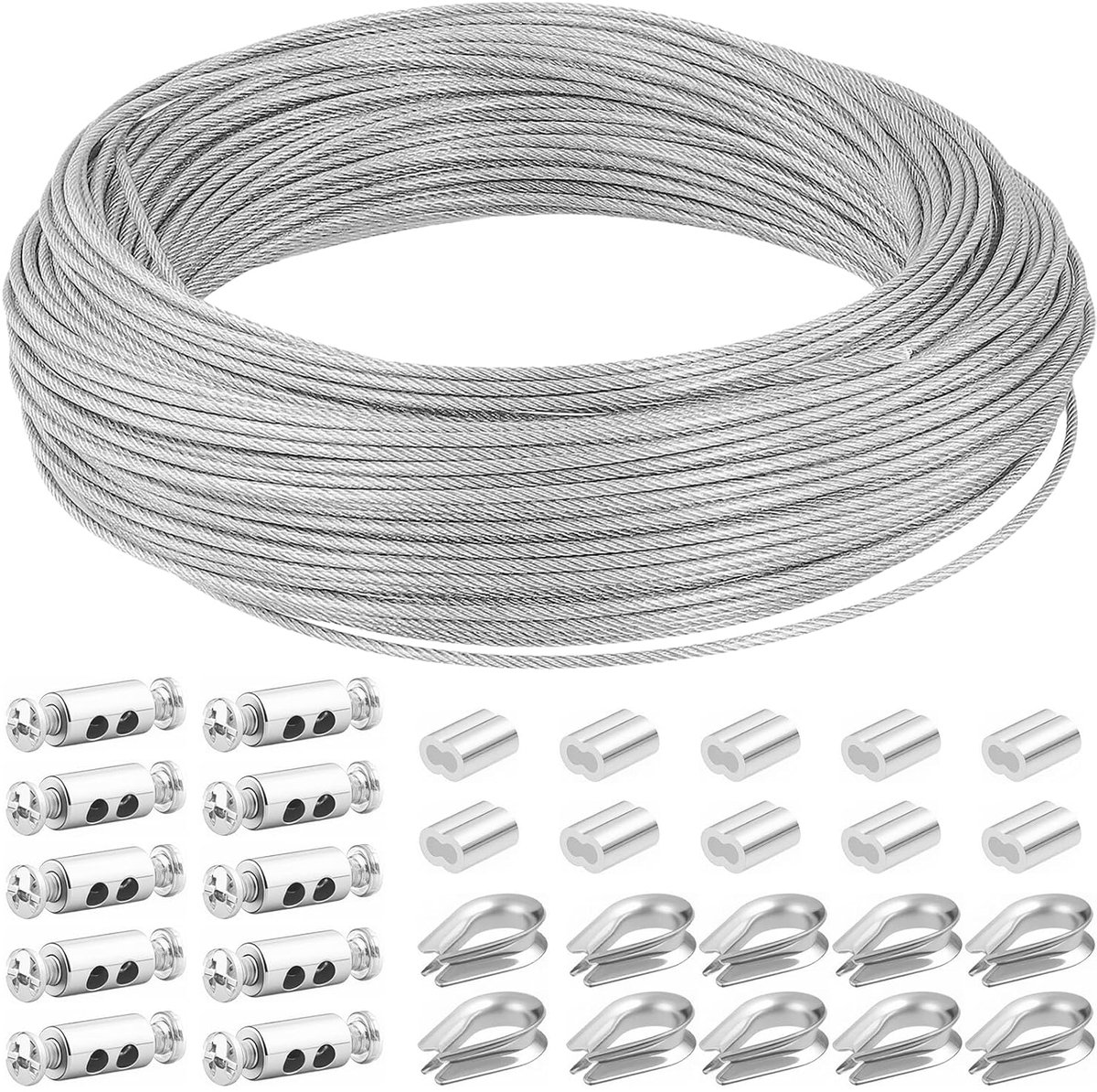 2mm Sheathed Steel Cable Kit, 50m Stainless Steel Wire Rope Set with 10 Cable Clips, 10 Cable Stockings and 10 - ShopVlot