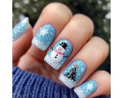 Ceboic 24 Pieces Artificial Nails French Tip for Sticking Blue False Nails Medium Long Rectangular Snowman Snowflakes - ShopVlot