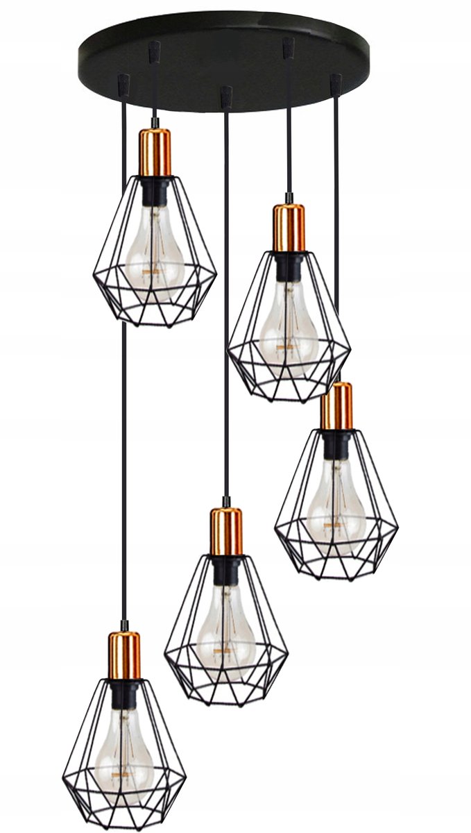 Zwarte hanglamp met diamanten kap, 5xE27 fitting