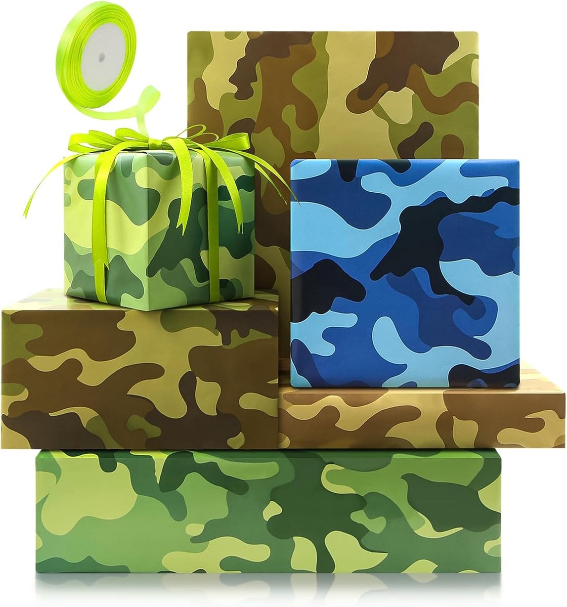 Camo Inpakpapier - Camo - 50 x 70 cm - Stevig Kunstpapier met Bijpassend Lint - Voor Geschenken voor Mannen