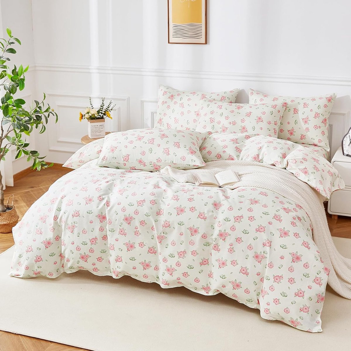 YASMENG Beddengoedset 3-delig in katoen 200 x 220 cm - Roze bloemenpatroon - Gemaakt van zacht en ademend katoen - ShopVlot