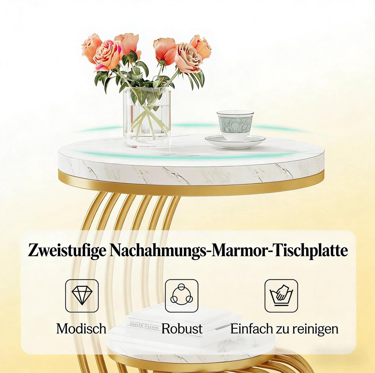 Wishdor Bijzettafel - Rond 2-laags ontwerp - Marmerlook tafelblad - Metalen frame - Modern voor woonkamer of slaapkamer - Goud en wit - 50 x 50 x 63 cm