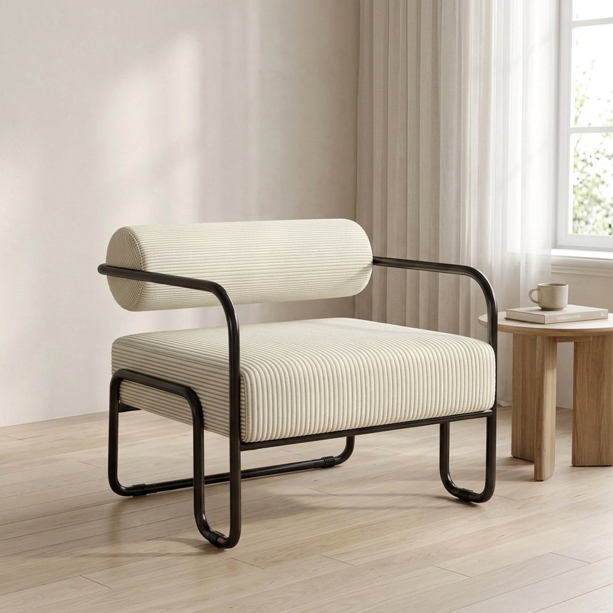 Wishdor Fauteuil - Modern industrieel design - Zachte corduroy bekleding - Beige - Metalen frame - Woonkamer slaapkamer kantoor - 68.5 x 73 x 70.5 cm
