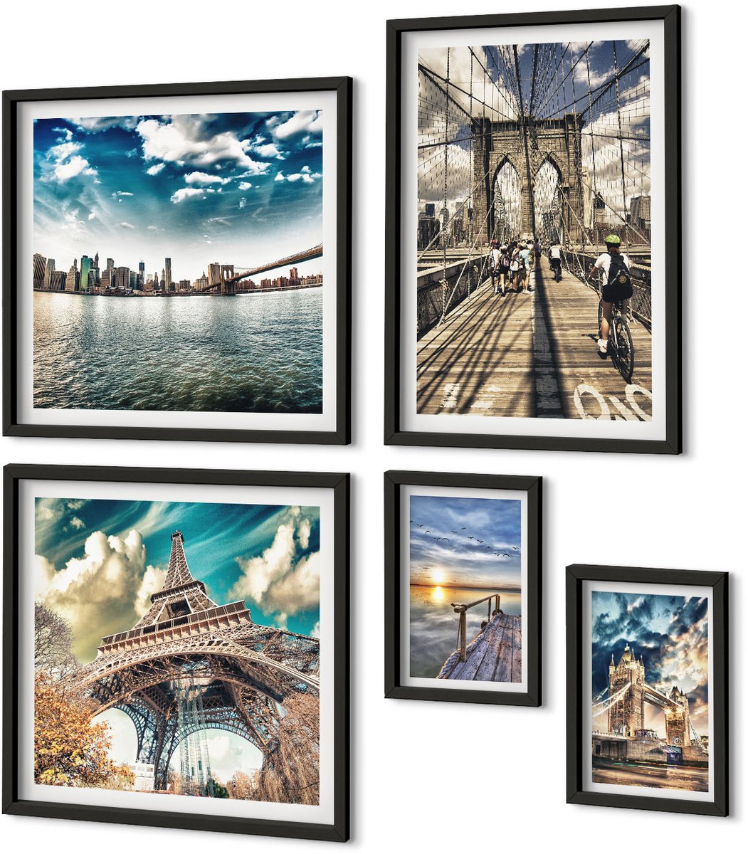 Coloray 5-Delige Schilderij Set - Stedelijke Landschappen Met Bruggen En Beroemde Gebouwen - 50 x 50 cm, 20 x 30 cm En 40 x 60 cm - Muurdecoratie - Schilderijen Set - Woonkamer - Decoratieve Schilderijen