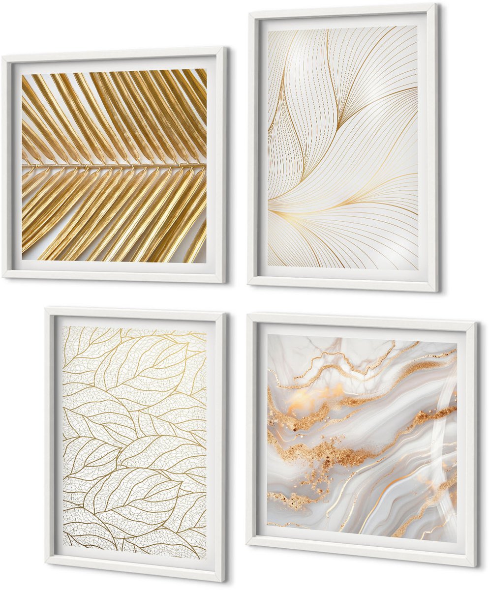 Coloray 4-Delige Schilderij Set - Lineaire Bladpatronen Abstract Marmer - 40 x 40 En 40 x 60 - Moderne Wanddecoratie - Woonkamer - Woonkamer Decoratie