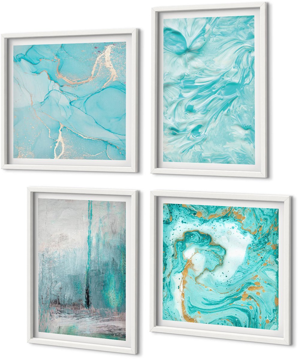Coloray 4-Delige Schilderij Set - Verschillende Blauwtinten In Delicate Abstracte Patronen - 40 x 40 En 40 x 60 - Moderne Wanddecoratie - Woonkamer - Muurdecoratie