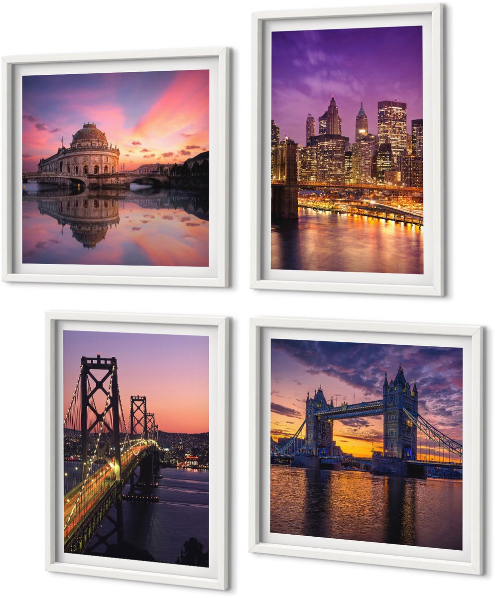Coloray 4-Delige Schilderij Set - Bruggen Bij Zonsondergang En Stedelijke Landschappen - 40 x 40 En 40 x 60 - Muurdecoratie - Wanddecoratie - Slaapkamer - Interieur Decoratie