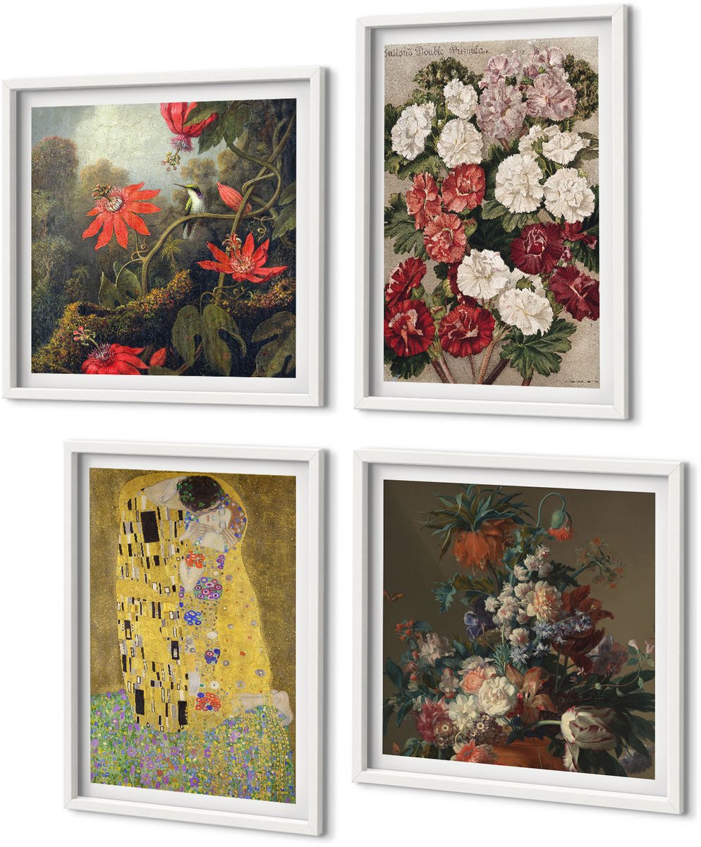 Coloray 4-Delige Schilderij Set - Bloemen En Bomen In De Schilderstijl Van De Kus Van Gustav Klimt. - 40 x 40 En 40 x 60 - Stijlvolle Muurdecoratie - Slaapkamer
