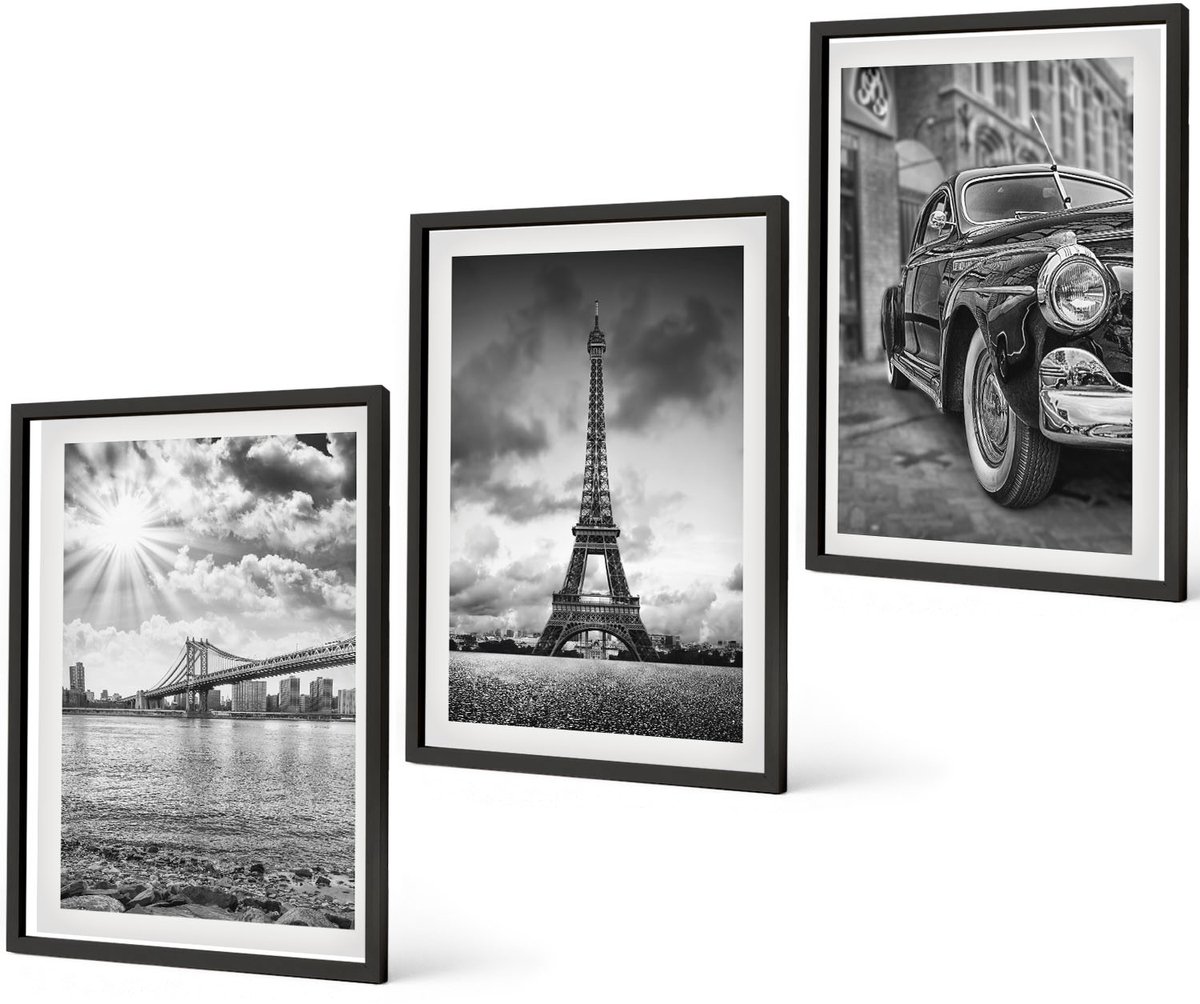 Coloray 3-Delige Schilderij Set - Stadsgezichten Bruggen Eiffeltoren Klassieke Auto - 40 x 60 cm - Wanddecoratie - Schilderijen Set - Interieur - Moderne Wanddecoratie