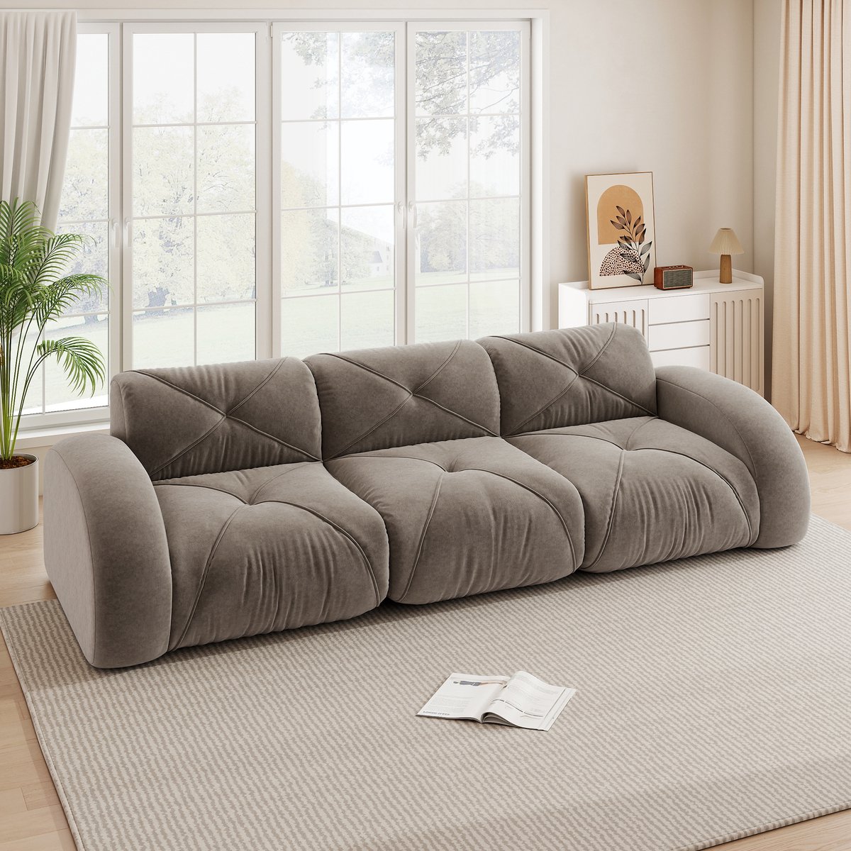 Frameloze modulaire 3-zits bank - Geschikt voor woonkamer, extra groot - 3-persoons - Bruin - Zachte chenille, geen montage - 32D schuim, antislip - Tot 200 kg per zit, vacuüm verpakt