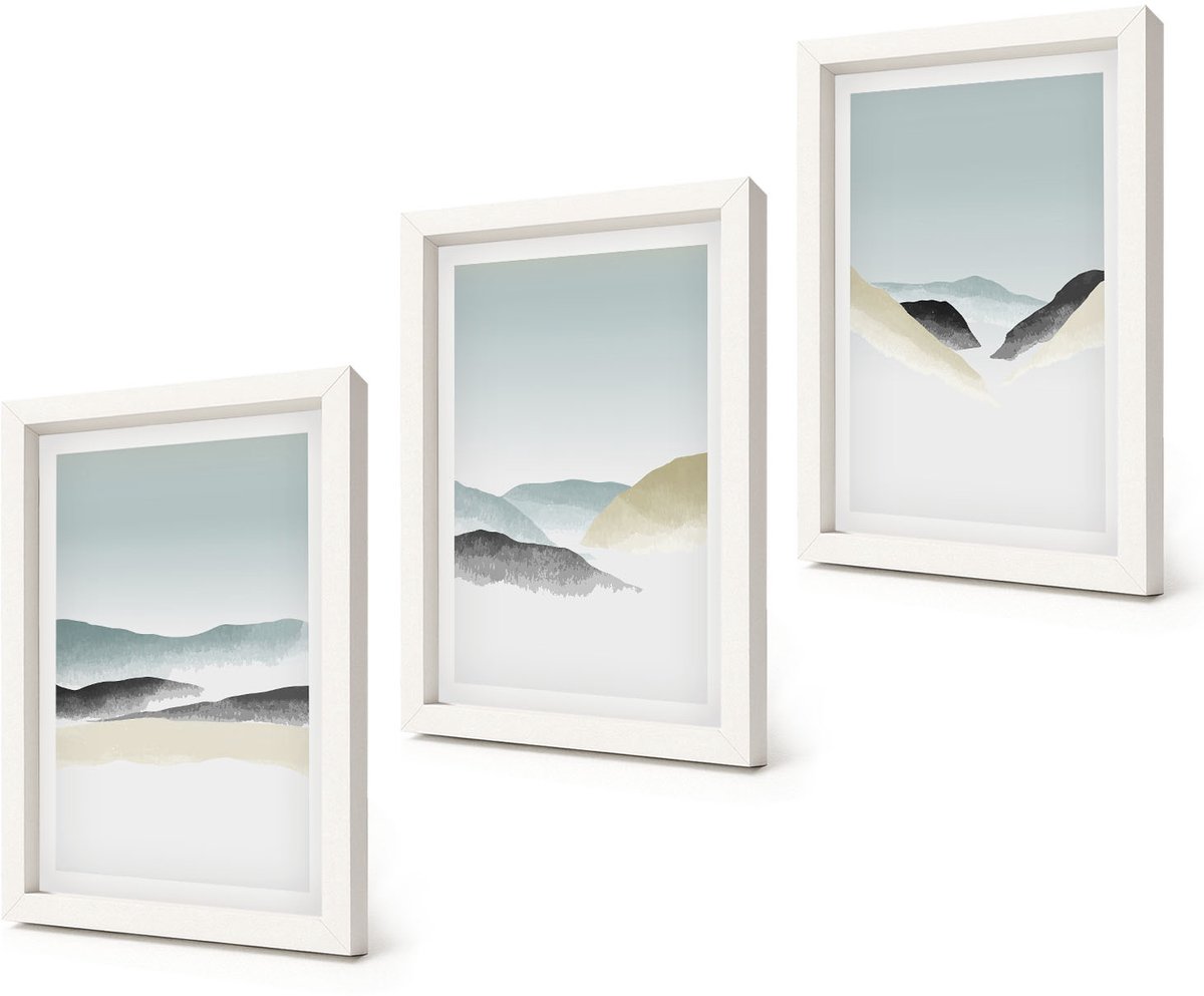 Coloray 3-Delige Schilderij Set - Minimalistische bergen in delicate pasteltinten - 20x30 - Schilderijen Set - Wanddecoratie - Woonkamer - Interieur Decoratie