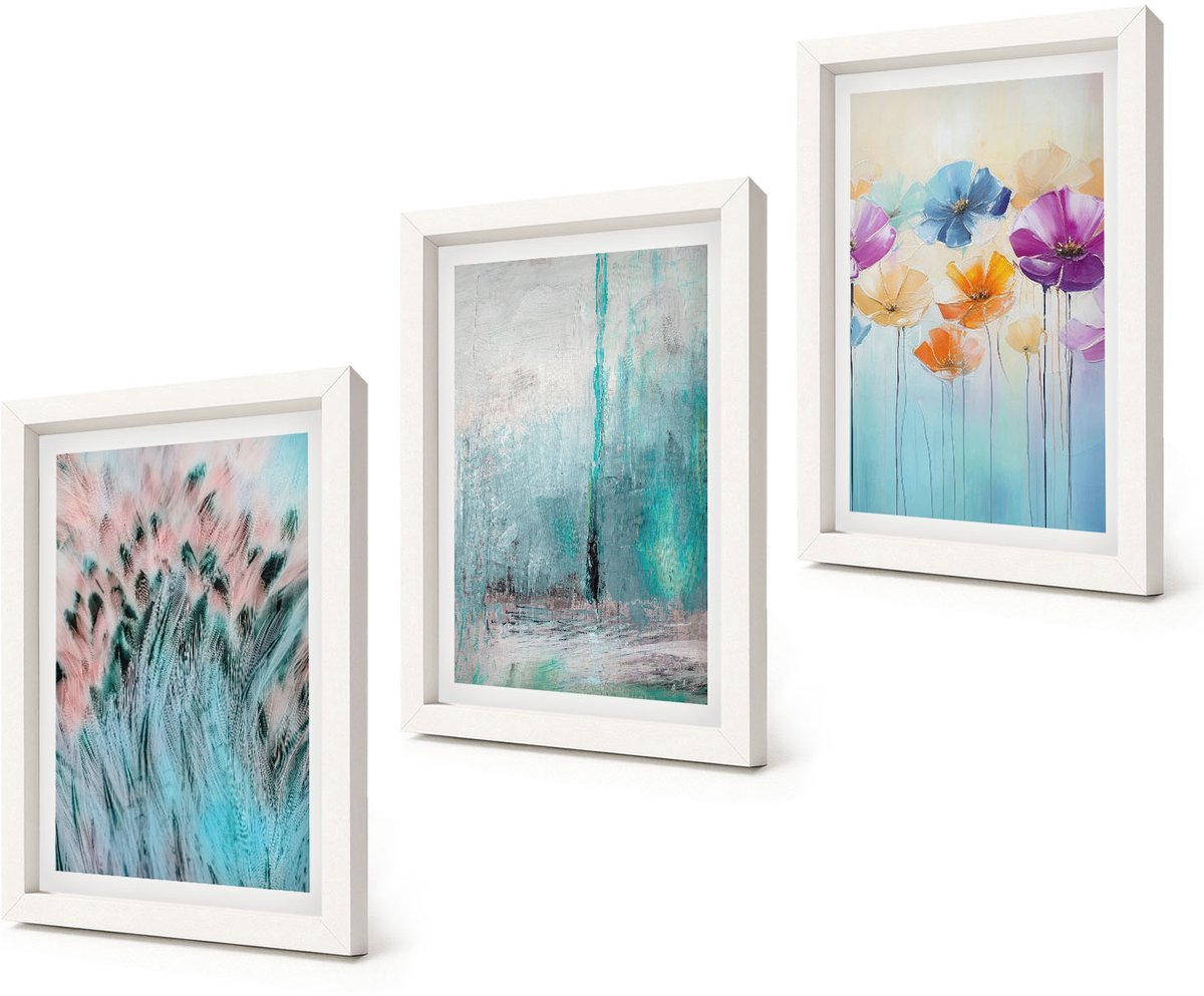 Coloray 3-Delige Schilderij Set - Bloemen op een achtergrond van pastelkleuren en delicate patronen. - 20x30 - Decoratieve Muurdecoratie - Slaapkamer - Wanddecoratie