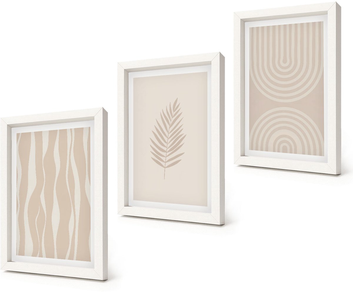 Coloray 3-Delige Schilderij Set - Patronen in beigetinten met plantmotieven - 20x30 - Stijlvolle Muurdecoratie - Slaapkamer - Wanddecoratie