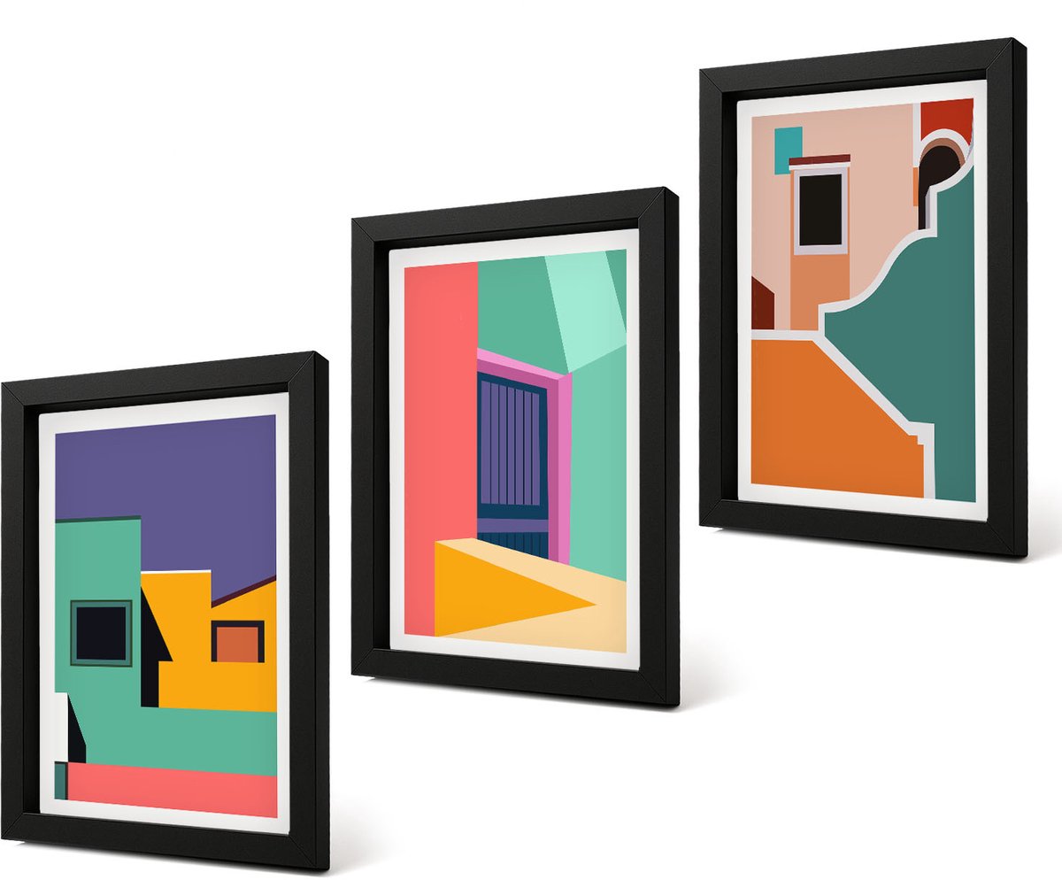 Coloray 4-Delige Schilderij Set - Kleurrijke stadsgezichten in een moderne stijl. - 20 x 30 cm - Decoratieve Muurdecoratie - Slaapkamer - Wanddecoratie