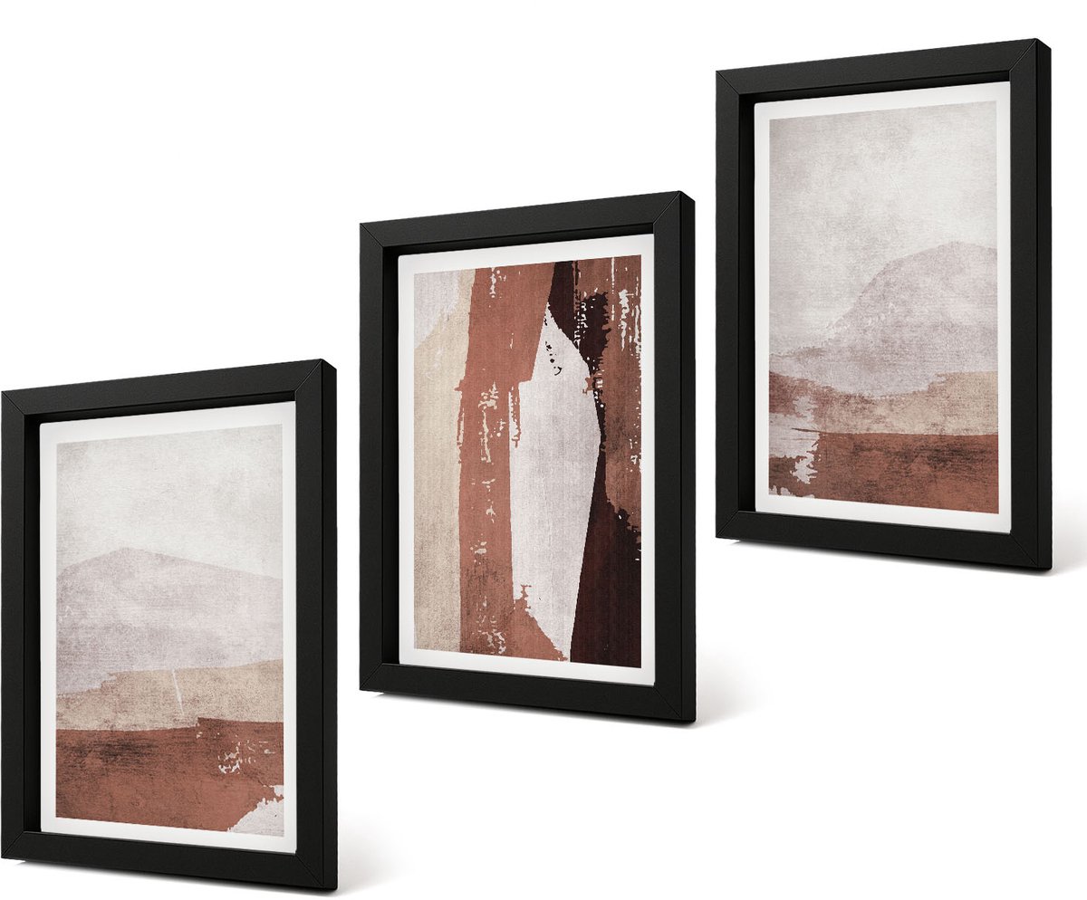 Coloray 4-Delige Schilderij Set - Abstracte patronen in bruine en beige tinten. - 20 x 30 cm - Muurdecoratie - Wanddecoratie - Slaapkamer - Stijlvolle Muurdecoratie Zwarte lijst