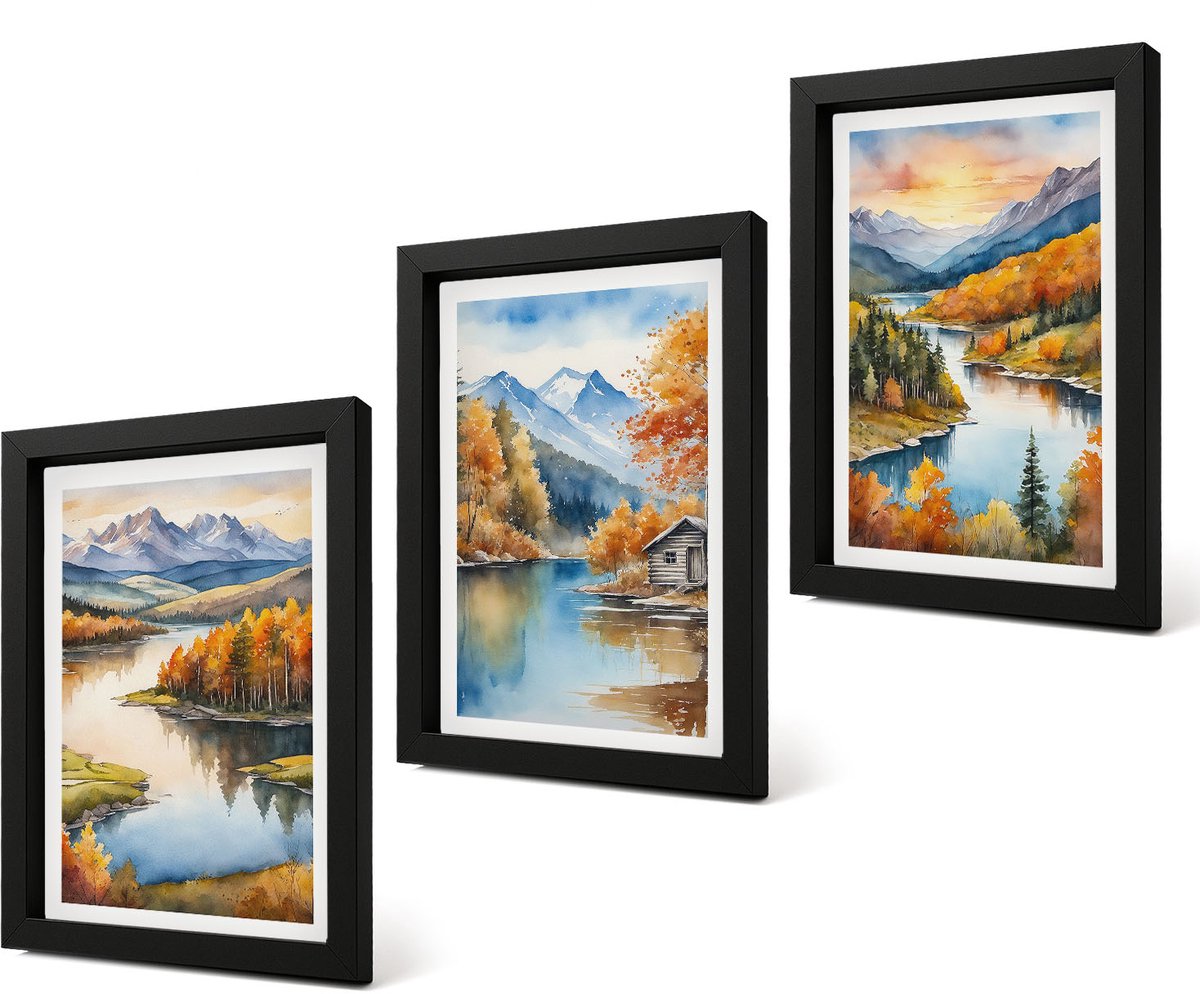 Coloray 4-Delige Schilderij Set - Herfstlandschap in de bergen met een rivier en een huisje aan het water. - 20 x 30 cm - Decoratieve Muurdecoratie - Slaapkamer