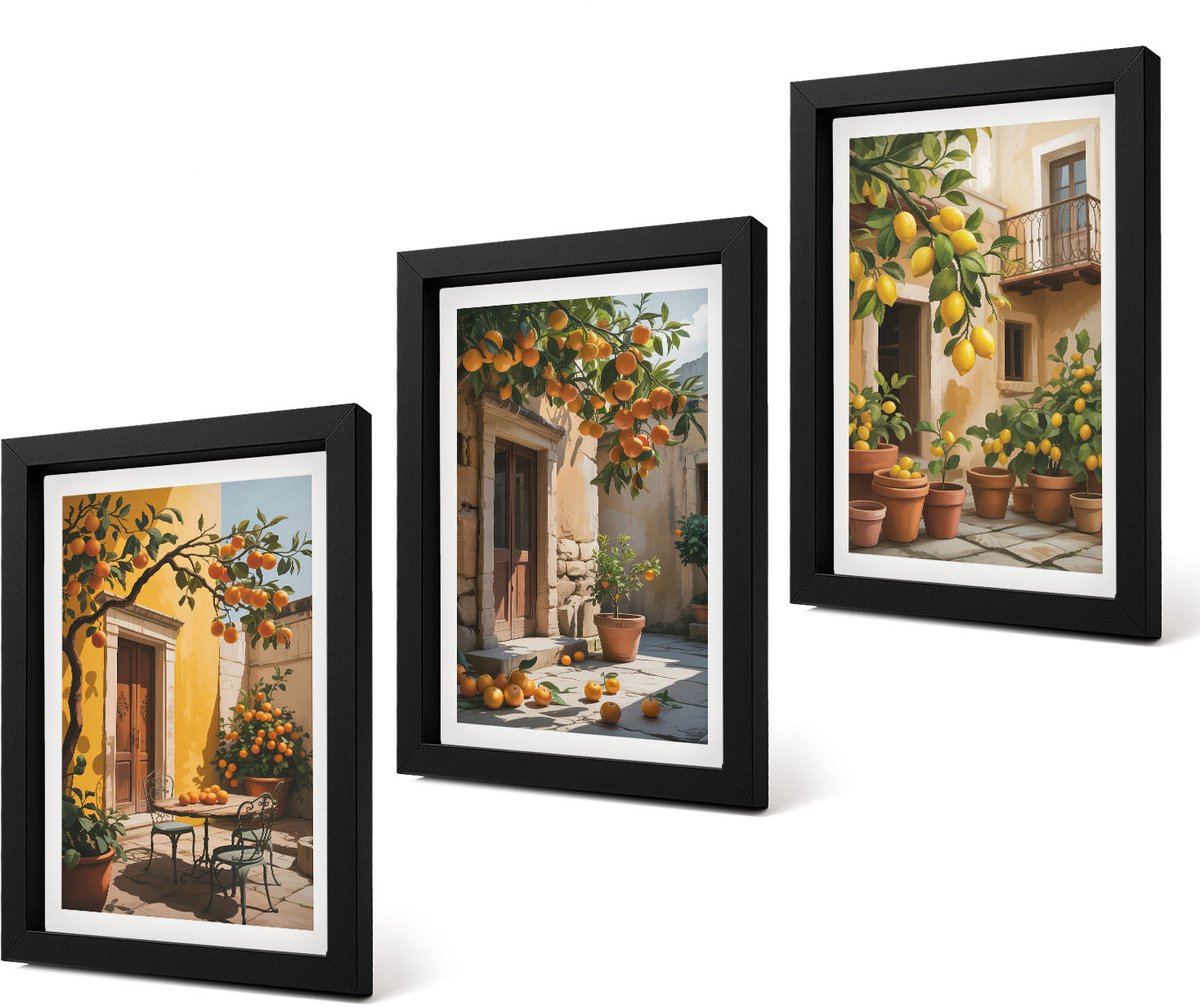 Coloray 4-Delige Schilderij Set - Citrusvruchten in een zonnige binnenplaats met planten - 20 x 30 cm - Wanddecoratie - Woonkamer Decoratie - Interieur Decoratie