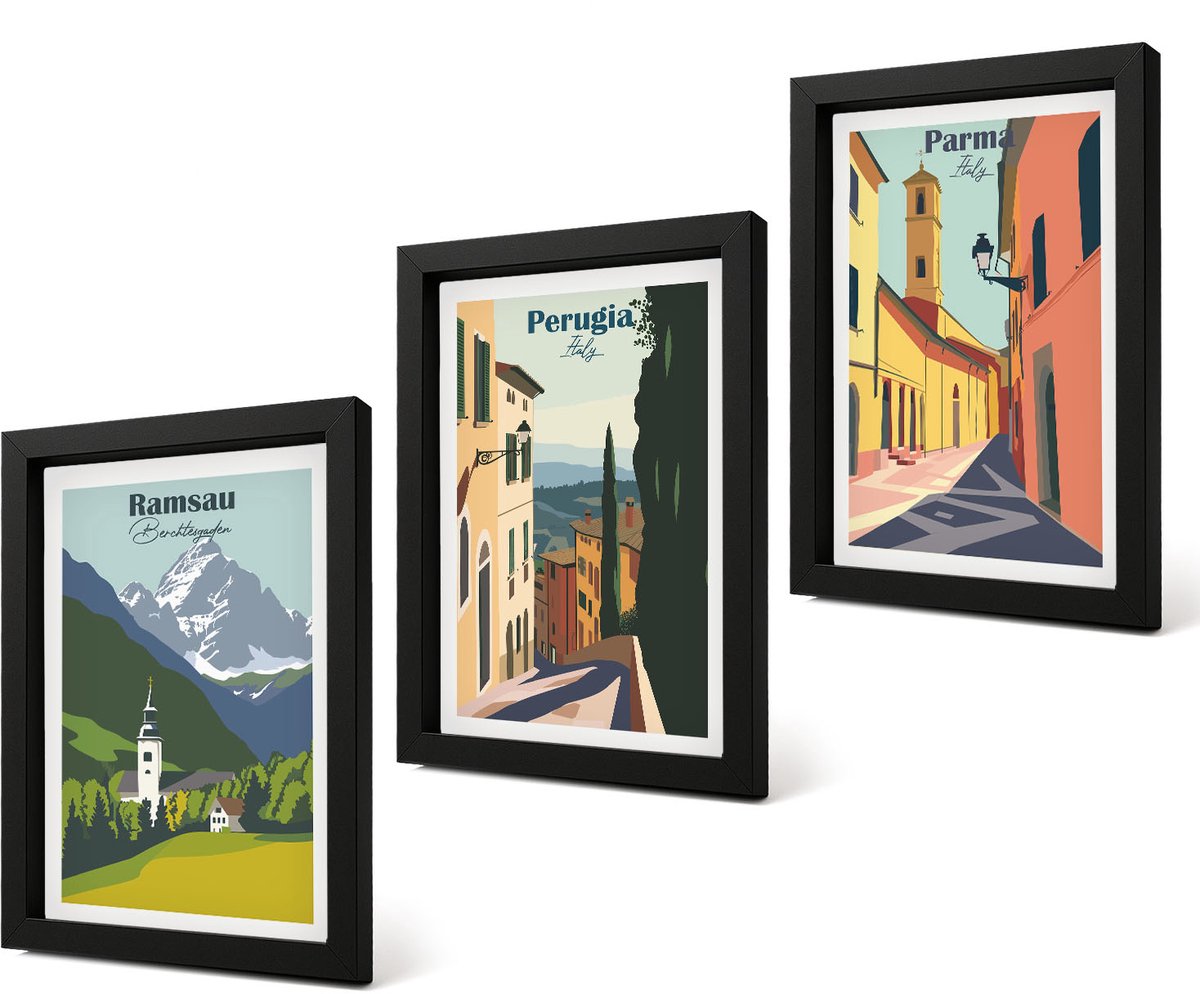 Coloray 4-Delige Schilderij Set - Berglandschappen en straten van Italiaanse steden - 20 x 30 cm - Muurdecoratie - Decoratieve Schilderijen - Wohnzimmer - Wanddecoratie